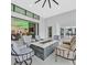 Covered patio with modern furniture, including a fire pit and comfortable chairs at 5400 Mello Ave, Las Vegas, NV 89131