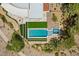 Aerial view of backyard showing pool, spa, and meticulously landscaped yard at 1 Costa Del Sol Ct, Henderson, NV 89011