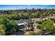 Stunning aerial view of the property featuring a pool, lush landscaping, and views of the Las Vegas skyline at 204 Canyon Dr, Las Vegas, NV 89107
