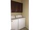A laundry room with a washer, a dryer, and dark cabinets installed above the appliances at 2175 Clearwater Lake Dr, Henderson, NV 89044