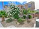 A view of the home showcasing the lovely xeriscaped front yard and desert-friendly flowering shrubbery at 439 Royal Bridge Dr, Las Vegas, NV 89178