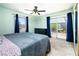 Carpeted main bedroom with large bed, ceiling fan, and sliding door to the backyard at 4742 Monterrey Ave, Las Vegas, NV 89121