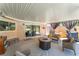 Comfortable covered patio with stylish seating, a fire pit, and access to the pool at 8700 Isola Dr, Las Vegas, NV 89117