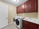 Functional laundry room with washer, dryer, sink, and storage cabinets at 1134 Pandora Canyon St, Henderson, NV 89052