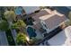 Aerial view of a private backyard oasis with a pool, lush landscaping, and outdoor seating at 2549 Sundew Ave, Henderson, NV 89052