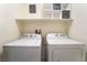 Modern laundry room with white washer, dryer, and shelving at 4610 Lime Straight Dr, Las Vegas, NV 89115