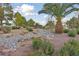 Explore lush landscaping featuring palm trees, rocks and desert plants in this well-maintained community at 5823 Falling Stream Ave, Las Vegas, NV 89131
