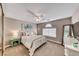 Comfortable bedroom with carpet, ceiling fan, and stylish coastal decorations at 7670 Descanso Ln, Las Vegas, NV 89123