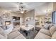 Cozy living room with a stone fireplace, comfortable seating, and an open layout at 7670 Descanso Ln, Las Vegas, NV 89123