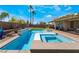 Stunning pool and spa in a well-maintained backyard with lush greenery at 1387 Minuet St, Henderson, NV 89052