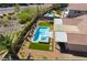 Aerial view of the private pool and spa, perfectly integrated into the home's outdoor living space and design at 1387 Minuet St, Henderson, NV 89052