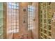 Shower with glass block windows, mosaic tiled floors and overhead shower fixture at 27 Via Paradiso St, Henderson, NV 89011