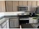 Close-up of kitchen featuring stainless steel stove and microwave with granite countertops at 411 Hellebores Ave, North Las Vegas, NV 89084