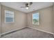Cozy bedroom with plush carpet, a ceiling fan, and two windows at 688 Monroe Hill Pl, Henderson, NV 89011