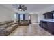 Comfortable living room with plush sofas, a ceiling fan, and a media console with a fireplace at 2099 Port Royal Dr, Laughlin, NV 89029