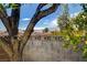 Backyard garden with decorative brick wall and a lush mature tree at 6521 Faith Peak Dr, Las Vegas, NV 89108