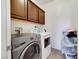 Functional laundry room features modern washer, dryer, storage cabinets and organized supplies at 2117 Leatherbridge Ct, North Las Vegas, NV 89081