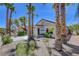 Landscaped backyard featuring mature palm trees, desert flora, and a patio area at 2512 Libretto Ave, Henderson, NV 89052