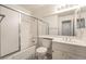 Clean bathroom with shower-tub combination, sink and vanity with decorative backsplash at 4016 Stormcrest Dr, Las Vegas, NV 89107