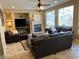 Comfortable living room with a fireplace, large windows, and a plush leather furniture set at 530 Calahonda Ct, Las Vegas, NV 89138