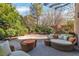 Inviting backyard with wicker furniture, a lounge area, ambient lighting, and lush landscaping at 556 Caribbean Palm Dr, Las Vegas, NV 89138