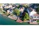 Aerial view of waterfront homes featuring private docks and beautiful landscaping at 8740 Captains Pl, Las Vegas, NV 89117