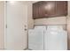 Laundry room with cabinets, shelf, washer, dryer and white door at 9305 Hollycrest Dr, Las Vegas, NV 89117