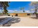 View of the home's back exterior with yard, featuring covered patio, mature trees, and private fence at 4205 Thicket Ave, North Las Vegas, NV 89031