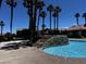 Inviting community pool with a stone feature and palm trees, offering a refreshing and relaxing atmosphere for residents at 4730 E Craig Rd # 1148, Las Vegas, NV 89115