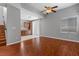 Living room featuring hardwood floors, a ceiling fan, recessed lighting, and neutral walls at 5452 Tinker Toy Ave, Las Vegas, NV 89139