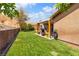 Lush green backyard with a covered patio and well-maintained lawn at 574 Desert Tortoise Way, Mesquite, NV 89027