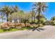 Gated community entrance featuring a lushly landscaped median with mature palm trees and rock features at 1737 Cypress Manor Dr, Henderson, NV 89012