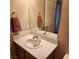 Bathroom with a single sink vanity, mirror, towel rack, and a neutral color palette at 1913 Madagascar Ln, Las Vegas, NV 89117