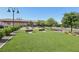 Community outdoor area featuring horseshoe pits, seating, and well-maintained artificial turf at 209 Bellini Peak Ave, Henderson, NV 89011