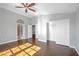 This bedroom offers lots of space, ceiling fan, closet, white baseboards and trim at 4562 Sparwood Dr, Las Vegas, NV 89147