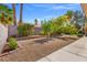 The low maintenance backyard offers a gravel landscape with mature trees and shrubs providing privacy at 7411 Brittlethorne Ave, Las Vegas, NV 89131