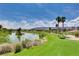 Beautiful golf course view featuring a scenic lake and mature palm trees at 11 Misty Peaks Ct, Las Vegas, NV 89135