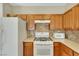 Functional kitchen with wood cabinets, white appliances, and tiled backsplash at 1101 Elation Ln # 2, Henderson, NV 89002