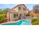 Private backyard oasis featuring a sparkling pool, mature trees, and a secure fence at 11226 Kenyan Sunshine Ct, Las Vegas, NV 89138