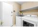 Convenient laundry area with washer, dryer, shelving, and exterior door access at 6050 Golden Corral Trl # 102, Henderson, NV 89011