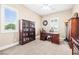 Bedroom with a large window with plantation shutters and dark wood furniture at 7504 Frittata Ave, Las Vegas, NV 89113