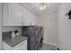 Well-lit laundry room with gray, front-loading washer and dryer and white cabinets at 1921 Spyglass Dr, Henderson, NV 89074