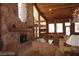 Cozy living room featuring a stone fireplace, wood paneled ceiling, and comfortable seating area at 4178 Matterhorn Way, Las Vegas, NV 89124