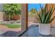 Close-up of a patio with plants, a table, and a view of a well-maintained backyard at 5237 Crooked Sky Cir, Las Vegas, NV 89149