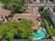 Aerial view showcasing the home's tile roof, backyard pool, lush landscaping, and surrounding neighborhood at 6436 Vinecrest Ave, Las Vegas, NV 89108