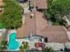 Aerial view of a home with a private pool, lush landscaping, and a well-maintained roof at 6436 Vinecrest Ave, Las Vegas, NV 89108
