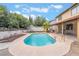 Backyard featuring a sparkling pool surrounded by a patio and greenery, creating a private oasis at 7009 Rawlins Ct, Las Vegas, NV 89128
