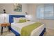 Cozy bedroom with stylish blue accents, modern lighting, and comfortable bedding at 226 White Crest Peak Ave, Henderson, NV 89015