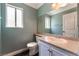 Well-lit bathroom featuring granite countertops and a large mirror at 5779 Baffy Cir, Las Vegas, NV 89142