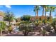 Detailed view of the serene water feature, accented by rocks, palm trees, and complex in the background at 728 Hardy Way # E, Mesquite, NV 89027